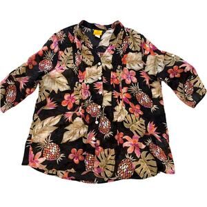 Ruby Rd Women’s Large Button Up Shirt 3/4 Sleeves Black Florals Pineapples